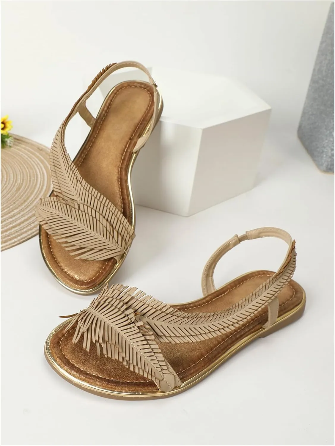 Verdusa Women's Fringe Slingback Flat Sandals Boho Slip Open Toe Leather Slippers Slip on Slides