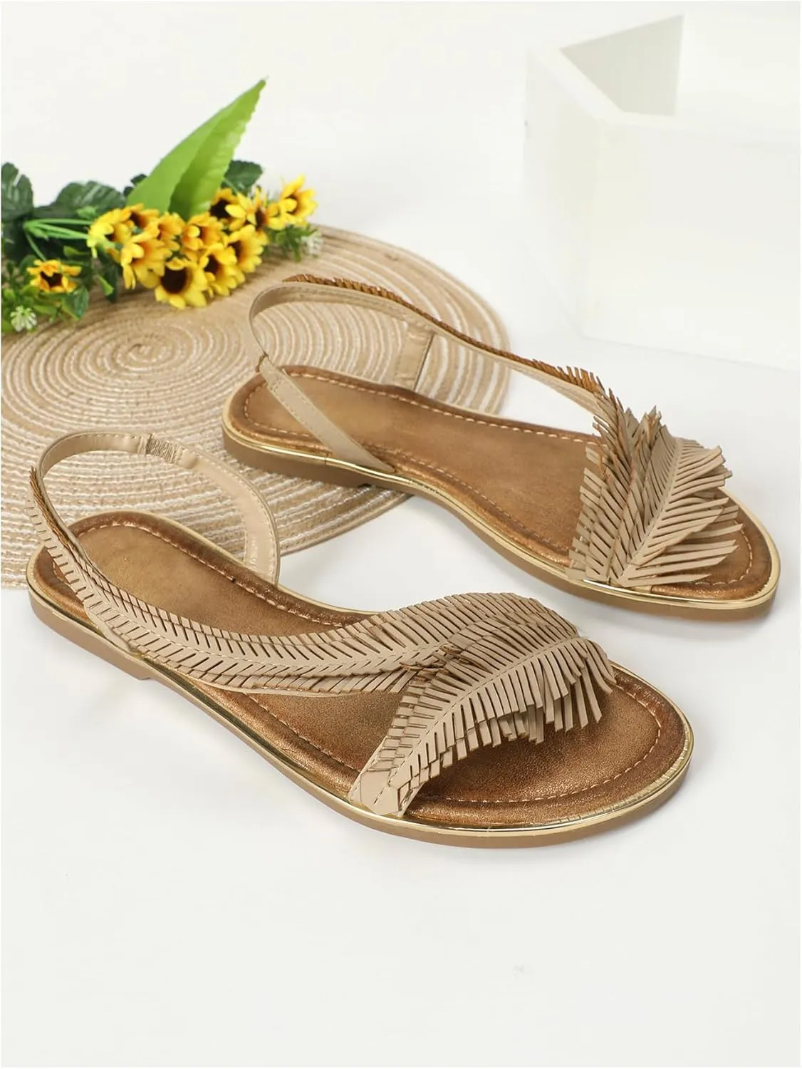 Verdusa Women's Fringe Slingback Flat Sandals Boho Slip Open Toe Leather Slippers Slip on Slides