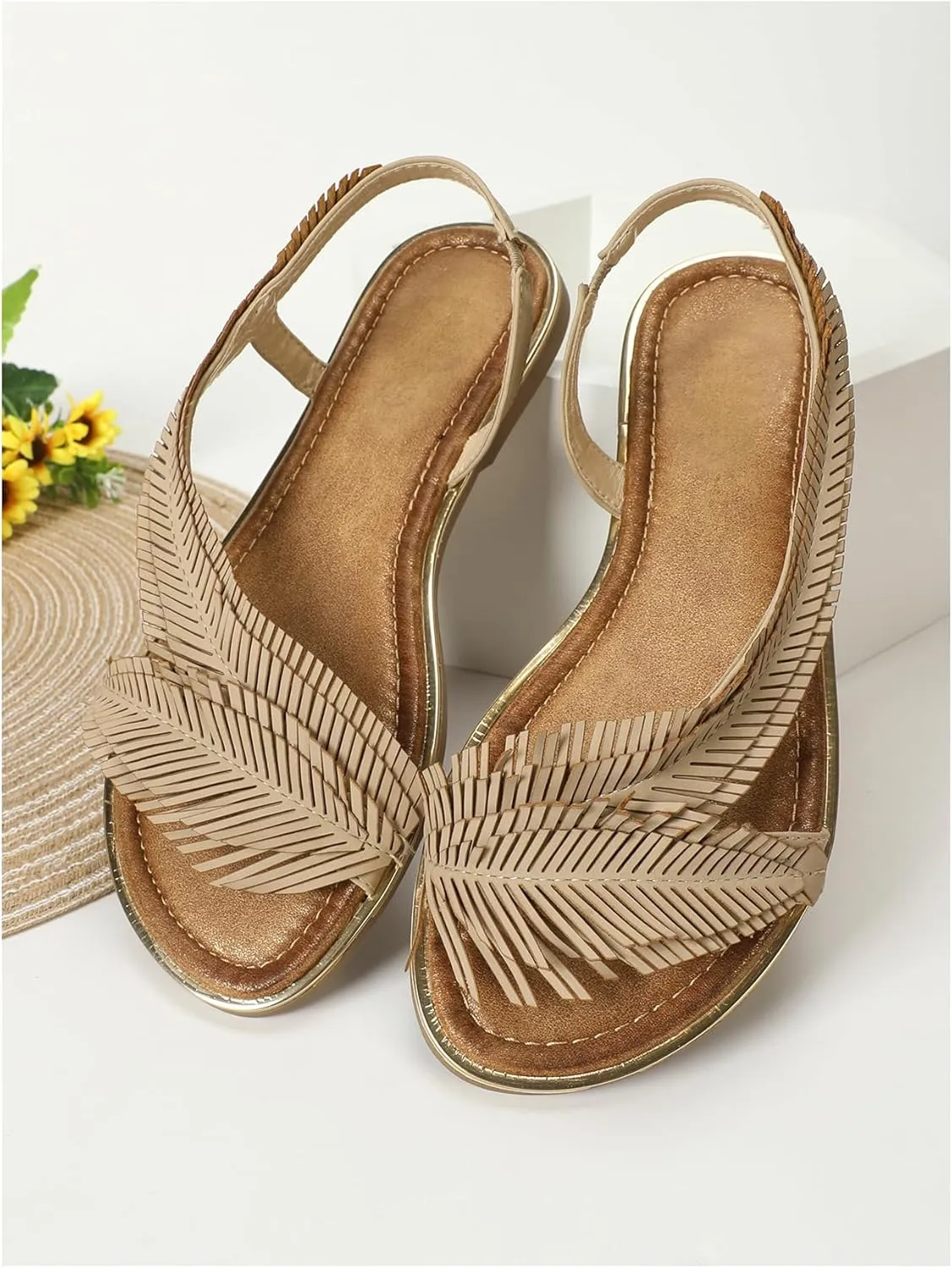 Verdusa Women's Fringe Slingback Flat Sandals Boho Slip Open Toe Leather Slippers Slip on Slides