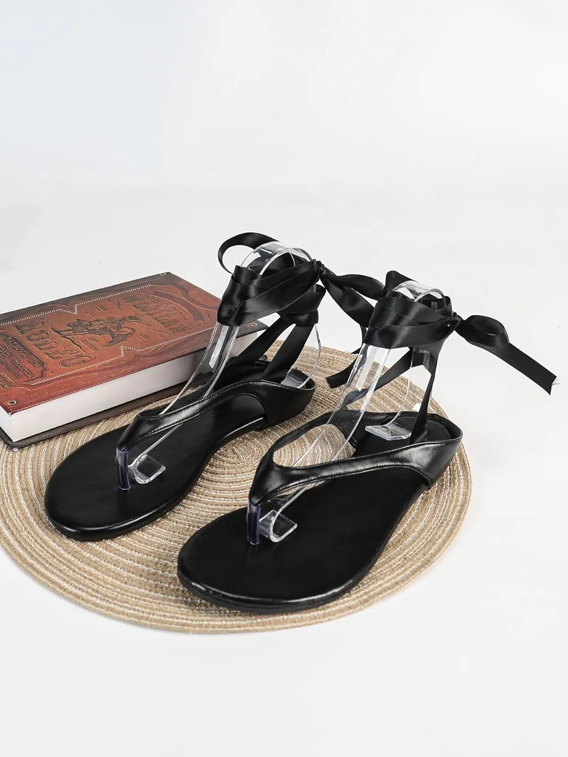 Verdusa Women's Silk Lace Up Leather Flat Sandals Open Toe Slip on Flip Flops