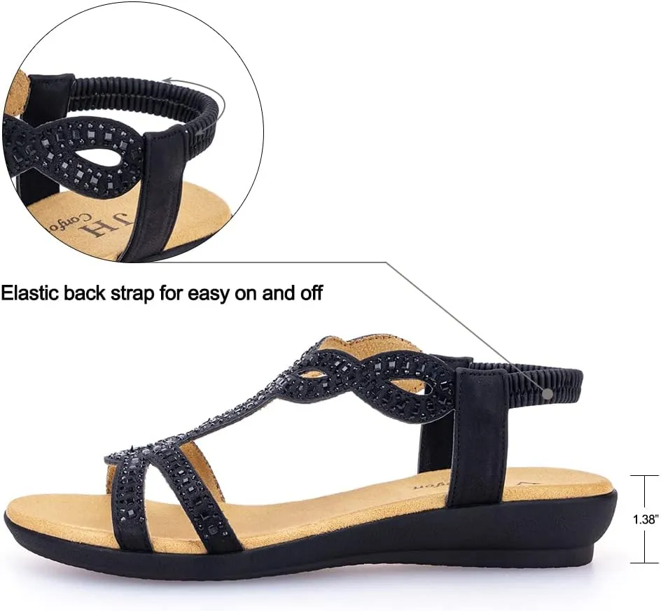 VJH confort Womens Flat Sandals,Comfort Elastic Strap Rhinestone Open Toe Slip-On Casual Walking Sandals
