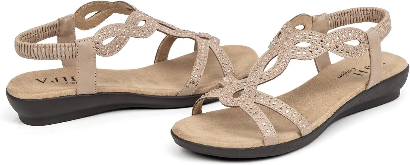 VJH confort Womens Flat Sandals,Comfort Elastic Strap Rhinestone Open Toe Slip-On Casual Walking Sandals