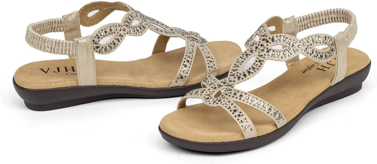 VJH confort Womens Flat Sandals,Comfort Elastic Strap Rhinestone Open Toe Slip-On Casual Walking Sandals