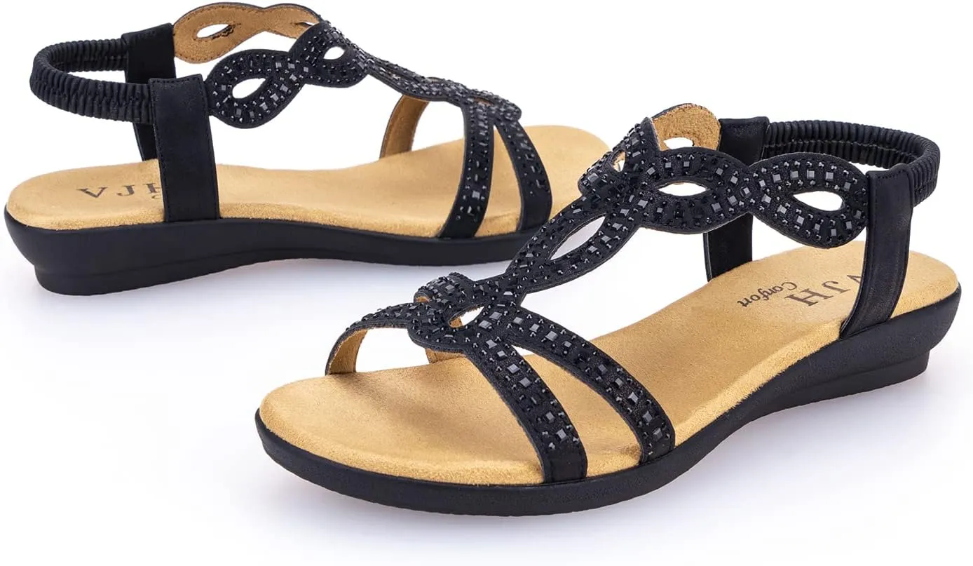 VJH confort Womens Flat Sandals,Comfort Elastic Strap Rhinestone Open Toe Slip-On Casual Walking Sandals