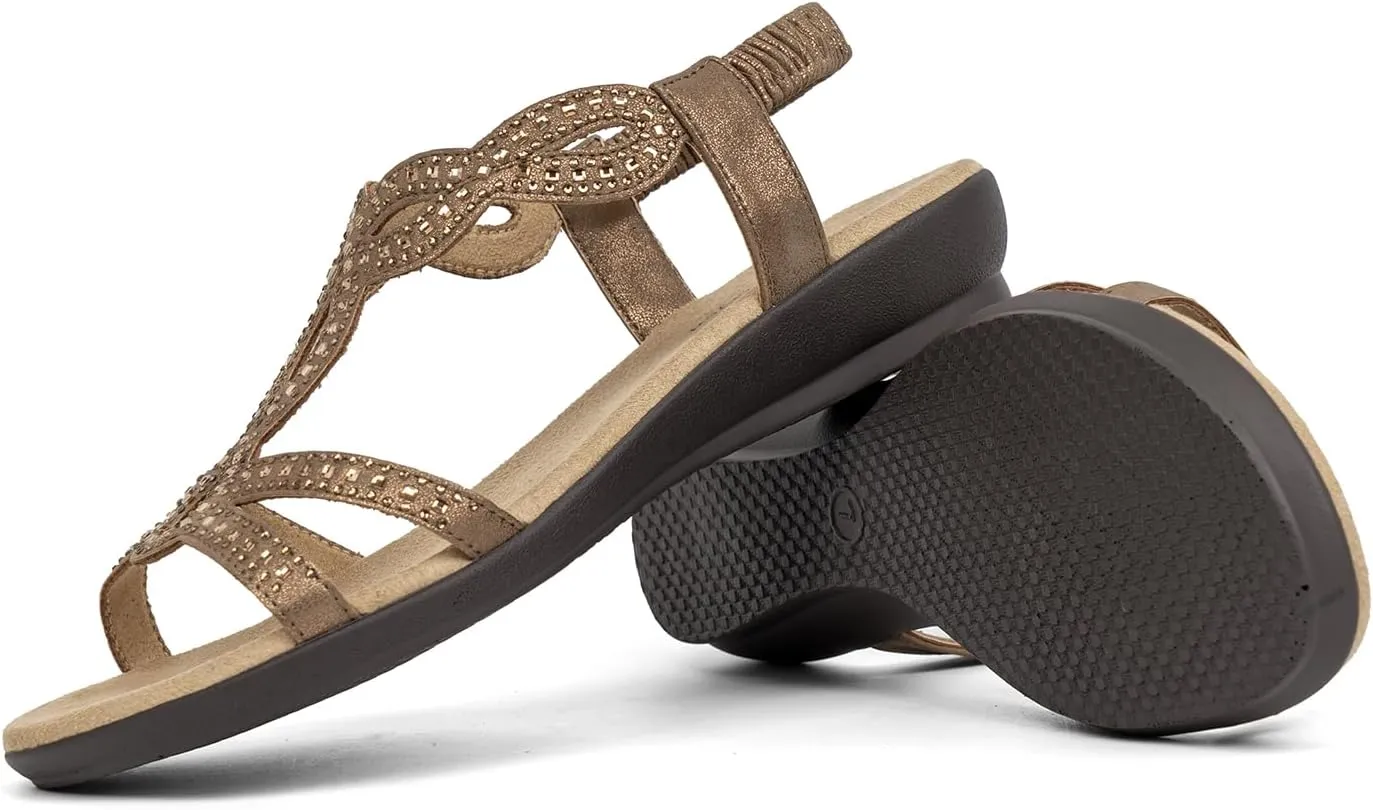 VJH confort Womens Flat Sandals,Comfort Elastic Strap Rhinestone Open Toe Slip-On Casual Walking Sandals