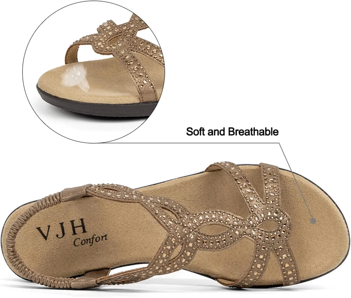 VJH confort Womens Flat Sandals,Comfort Elastic Strap Rhinestone Open Toe Slip-On Casual Walking Sandals