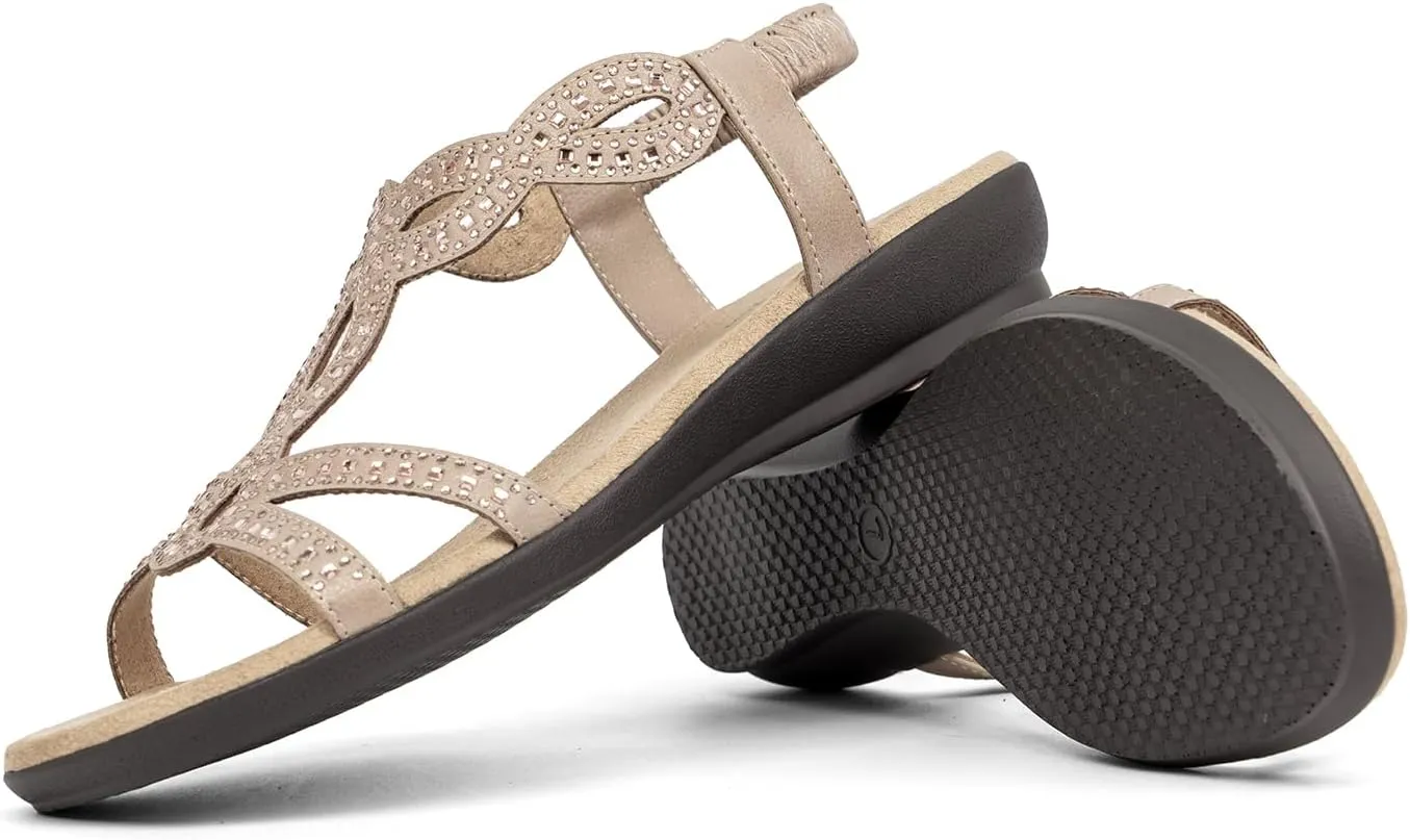 VJH confort Womens Flat Sandals,Comfort Elastic Strap Rhinestone Open Toe Slip-On Casual Walking Sandals