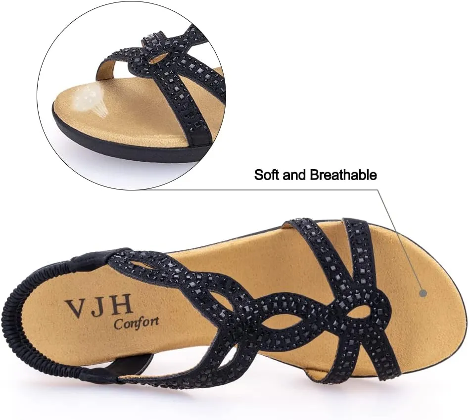 VJH confort Womens Flat Sandals,Comfort Elastic Strap Rhinestone Open Toe Slip-On Casual Walking Sandals