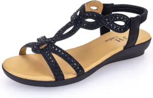 VJH confort Womens Flat Sandals,Comfort Elastic Strap Rhinestone Open Toe Slip-On Casual Walking Sandals