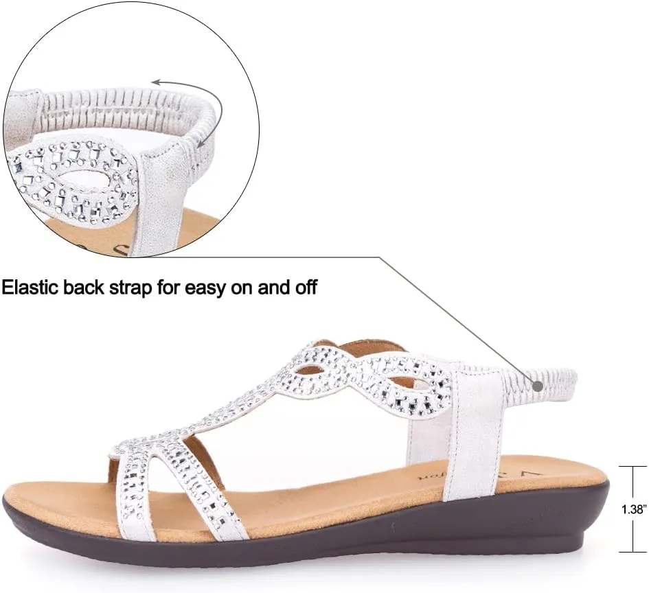 VJH confort Womens Flat Sandals,Comfort Elastic Strap Rhinestone Open Toe Slip-On Casual Walking Sandals