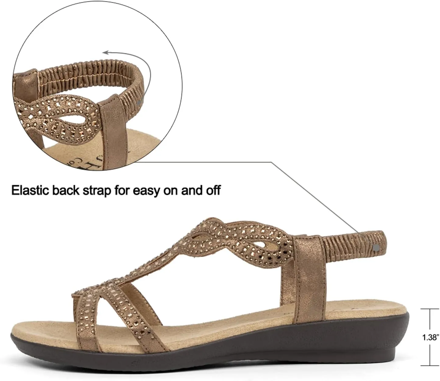 VJH confort Womens Flat Sandals,Comfort Elastic Strap Rhinestone Open Toe Slip-On Casual Walking Sandals