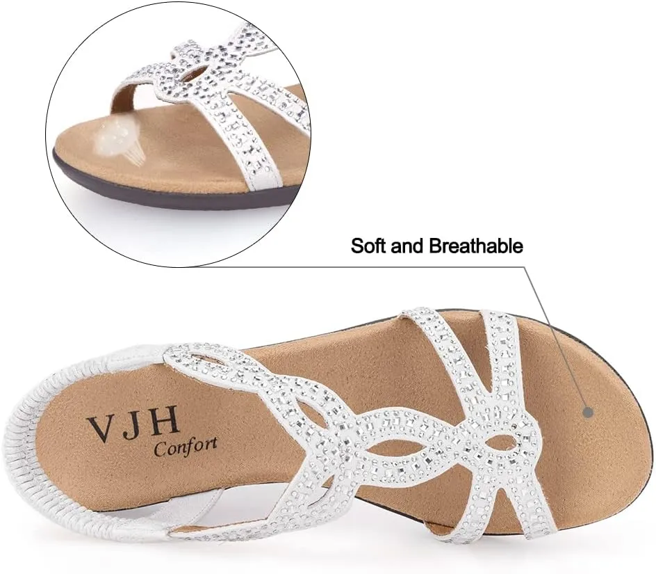 VJH confort Womens Flat Sandals,Comfort Elastic Strap Rhinestone Open Toe Slip-On Casual Walking Sandals