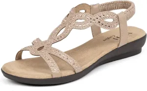 VJH confort Womens Flat Sandals,Comfort Elastic Strap Rhinestone Open Toe Slip-On Casual Walking Sandals