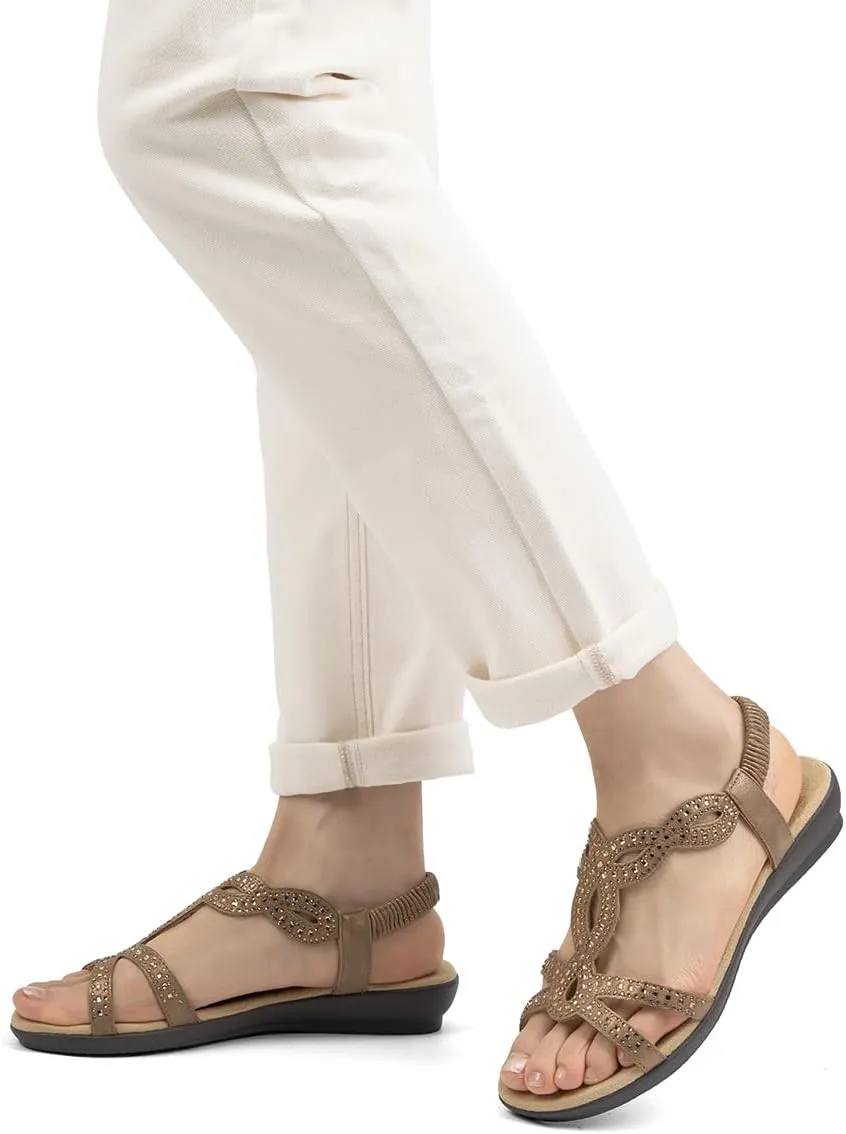 VJH confort Womens Flat Sandals,Comfort Elastic Strap Rhinestone Open Toe Slip-On Casual Walking Sandals