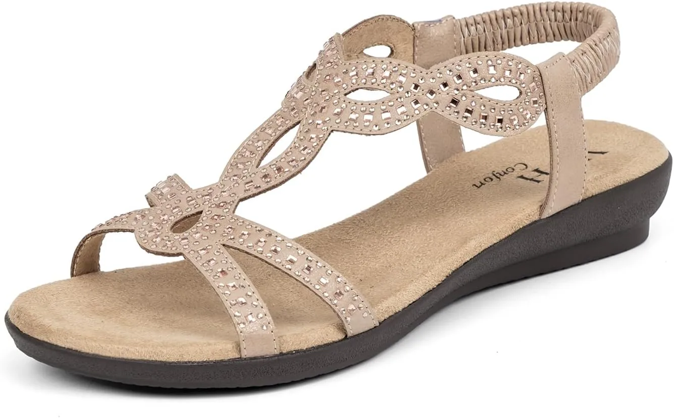 VJH confort Womens Flat Sandals,Comfort Elastic Strap Rhinestone Open Toe Slip-On Casual Walking Sandals