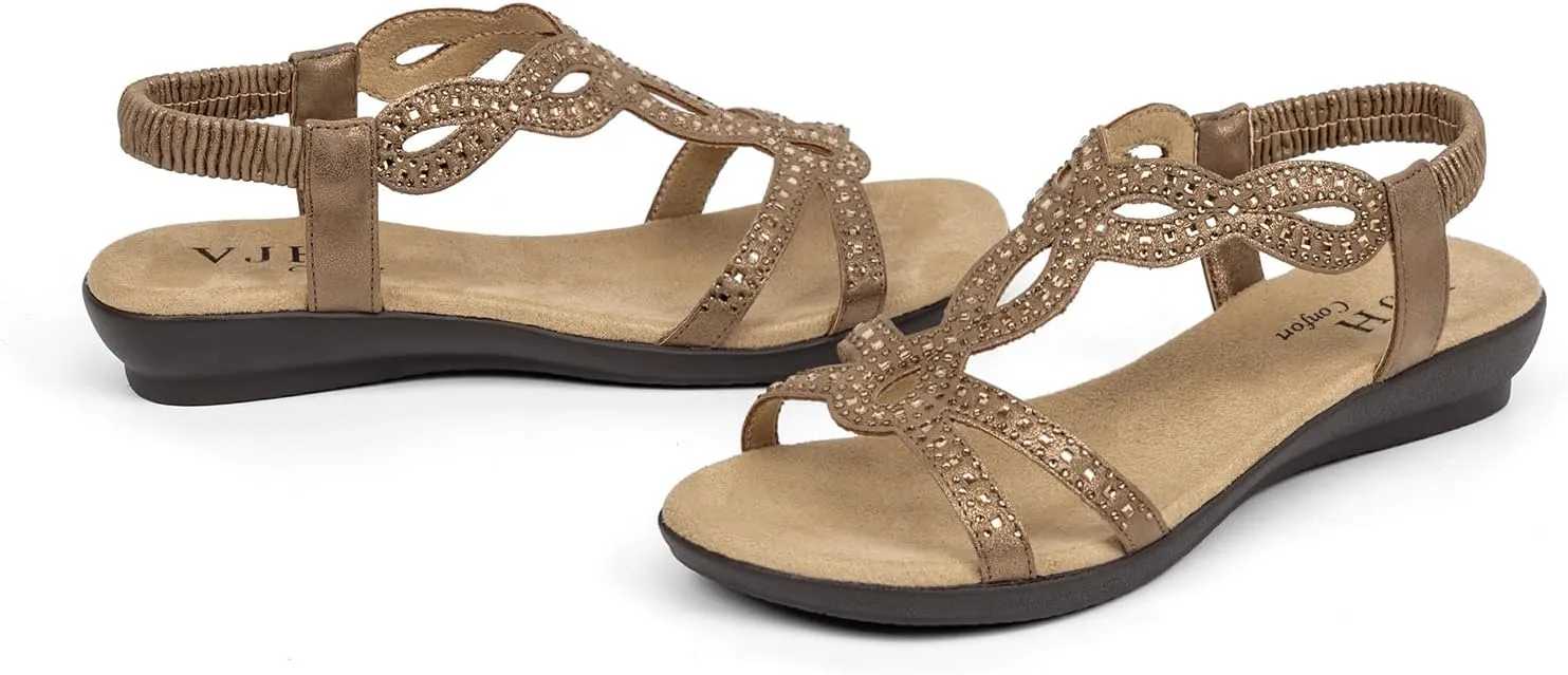 VJH confort Womens Flat Sandals,Comfort Elastic Strap Rhinestone Open Toe Slip-On Casual Walking Sandals