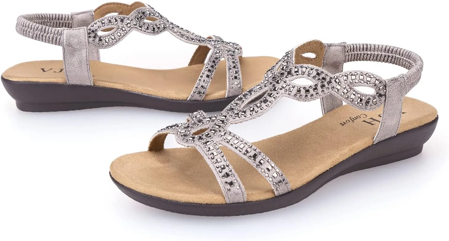VJH confort Womens Flat Sandals,Comfort Elastic Strap Rhinestone Open Toe Slip-On Casual Walking Sandals