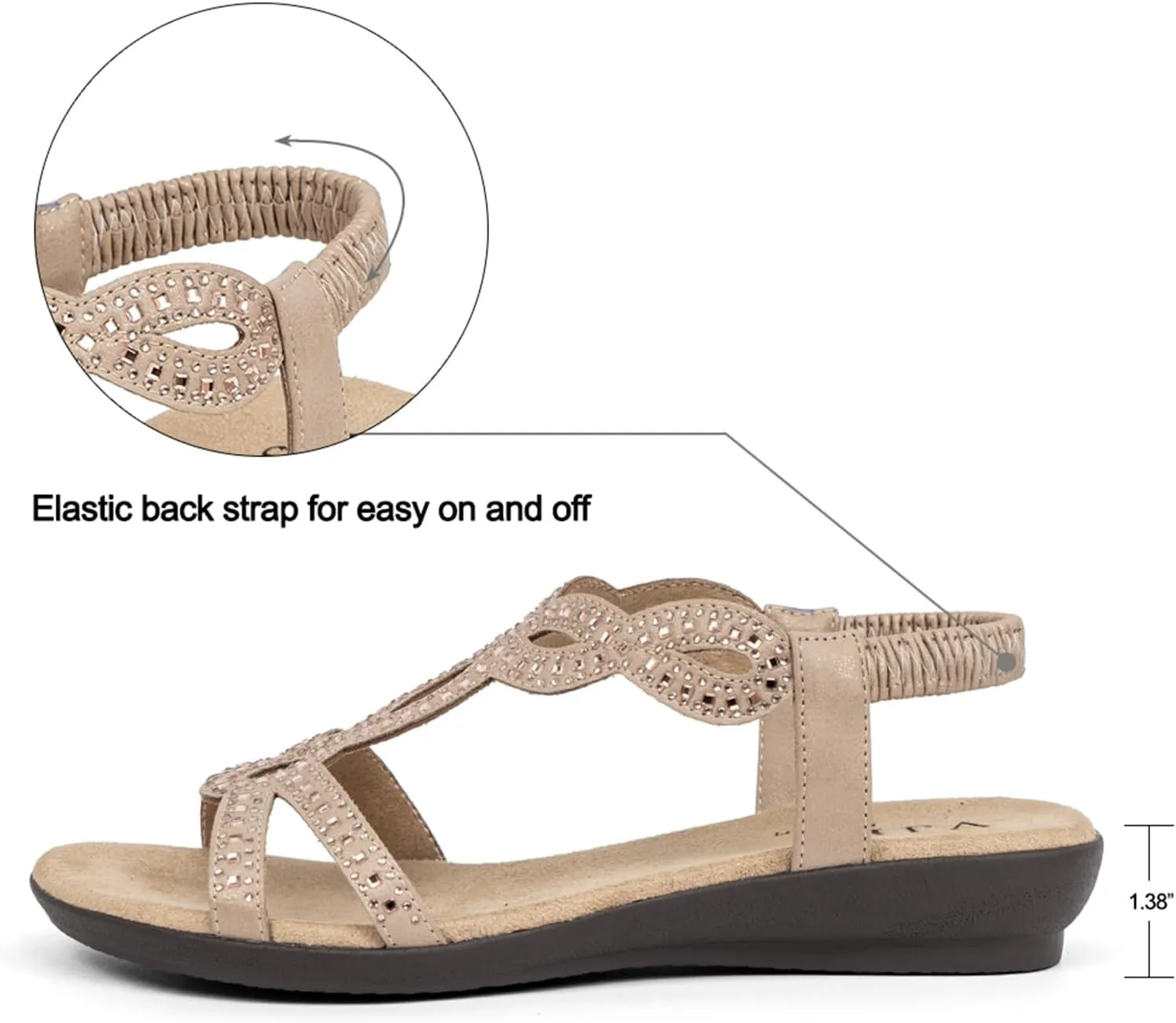 VJH confort Womens Flat Sandals,Comfort Elastic Strap Rhinestone Open Toe Slip-On Casual Walking Sandals