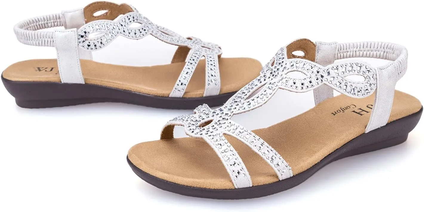VJH confort Womens Flat Sandals,Comfort Elastic Strap Rhinestone Open Toe Slip-On Casual Walking Sandals