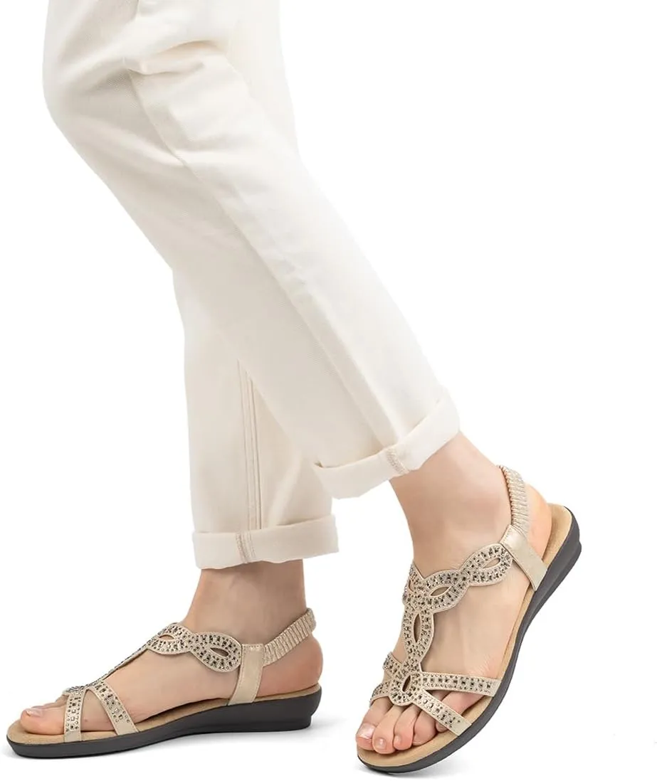 VJH confort Womens Flat Sandals,Comfort Elastic Strap Rhinestone Open Toe Slip-On Casual Walking Sandals