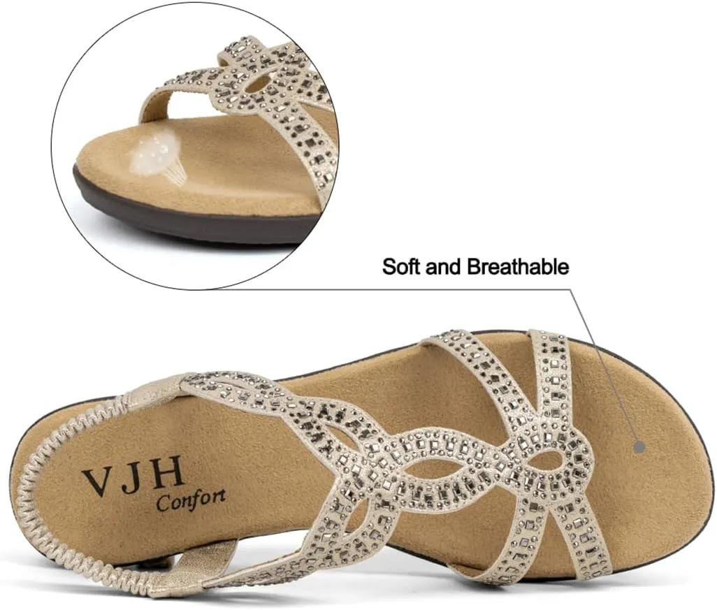 VJH confort Womens Flat Sandals,Comfort Elastic Strap Rhinestone Open Toe Slip-On Casual Walking Sandals