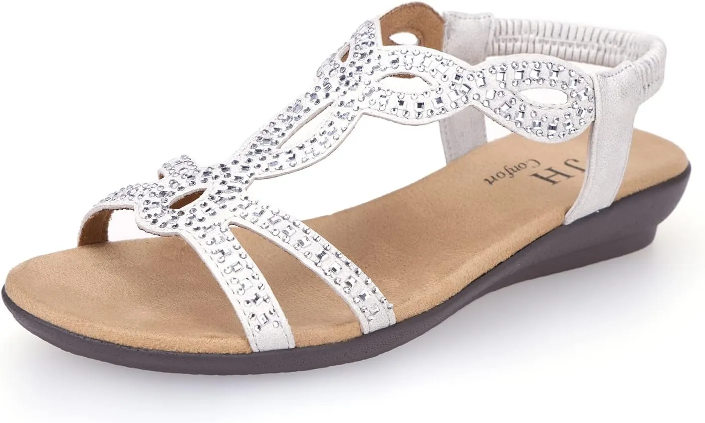 VJH confort Womens Flat Sandals,Comfort Elastic Strap Rhinestone Open Toe Slip-On Casual Walking Sandals
