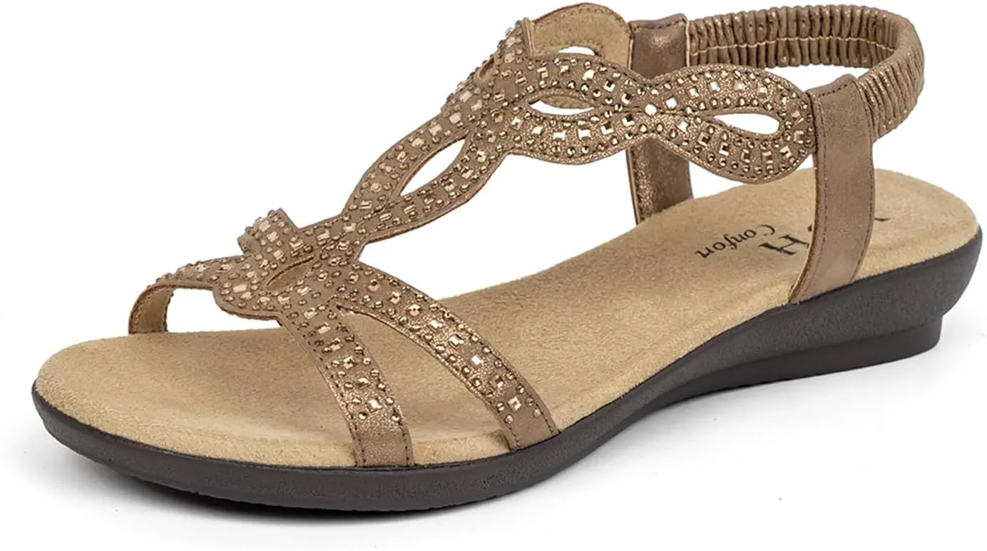 VJH confort Womens Flat Sandals,Comfort Elastic Strap Rhinestone Open Toe Slip-On Casual Walking Sandals