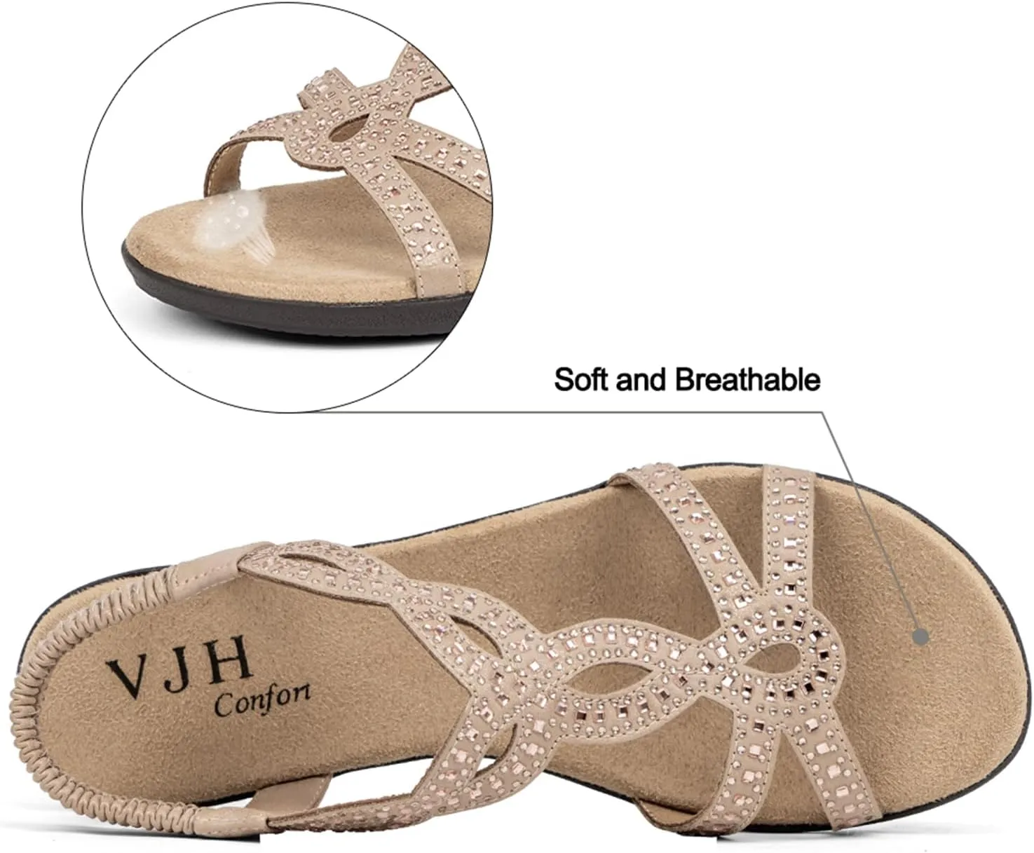 VJH confort Womens Flat Sandals,Comfort Elastic Strap Rhinestone Open Toe Slip-On Casual Walking Sandals