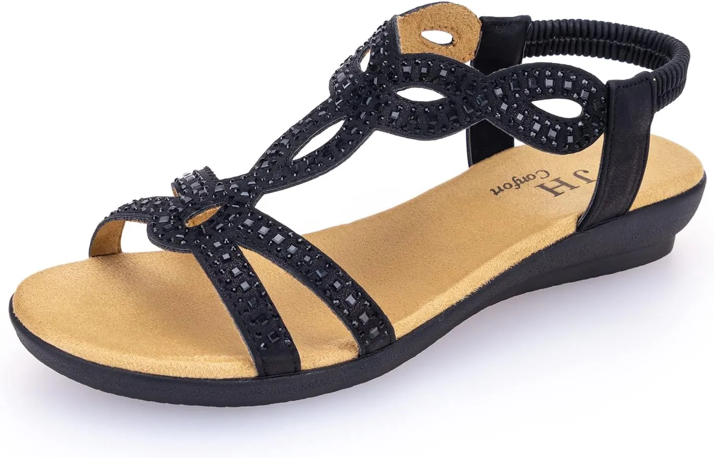 VJH confort Womens Flat Sandals,Comfort Elastic Strap Rhinestone Open Toe Slip-On Casual Walking Sandals