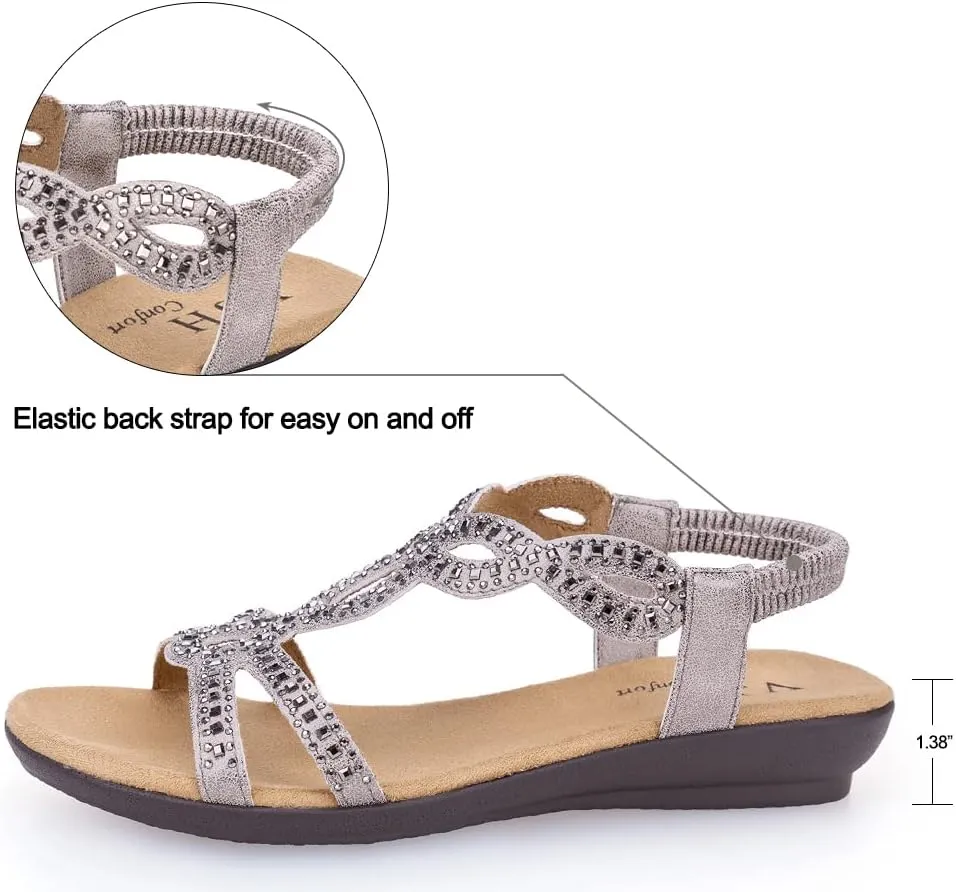 VJH confort Womens Flat Sandals,Comfort Elastic Strap Rhinestone Open Toe Slip-On Casual Walking Sandals
