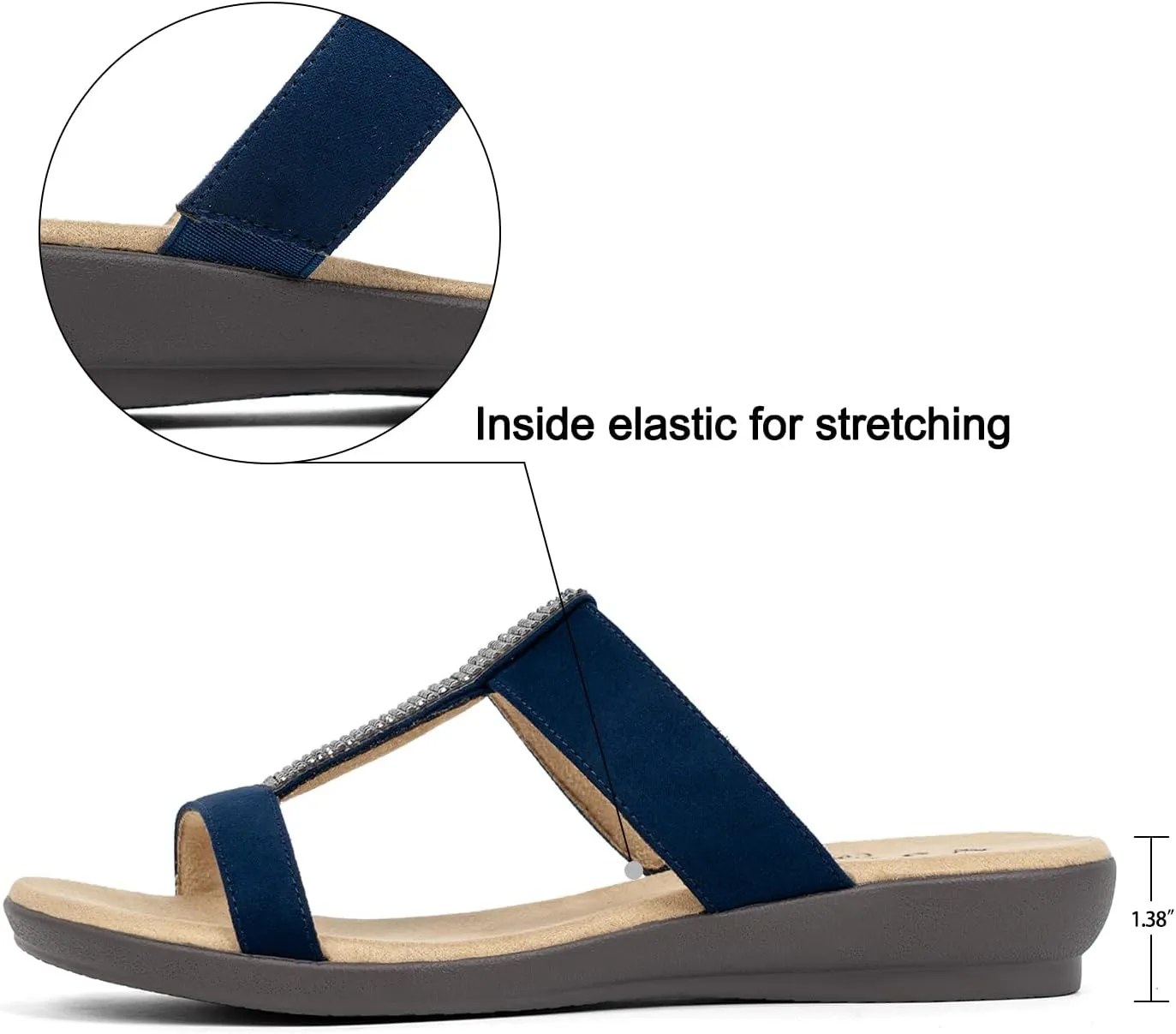 VJH confort Womens Slides, Comfortable Open toe Rhinestone H-band Dressy Flat Sandals