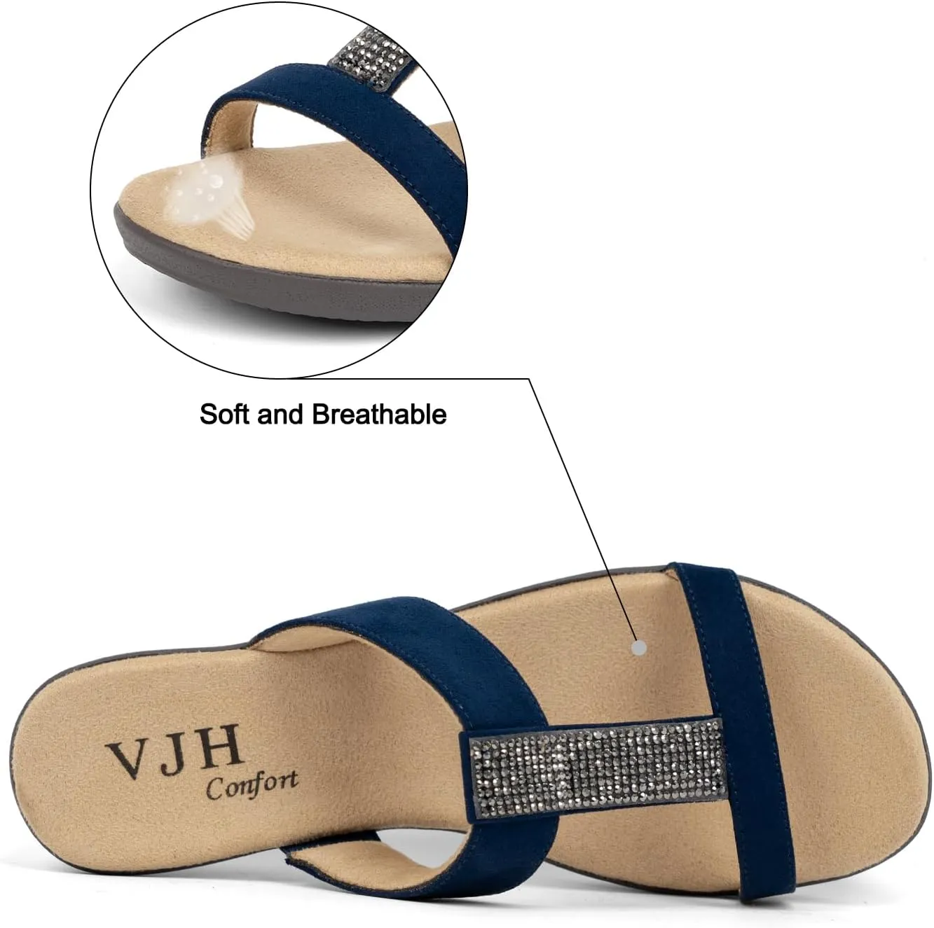 VJH confort Womens Slides, Comfortable Open toe Rhinestone H-band Dressy Flat Sandals