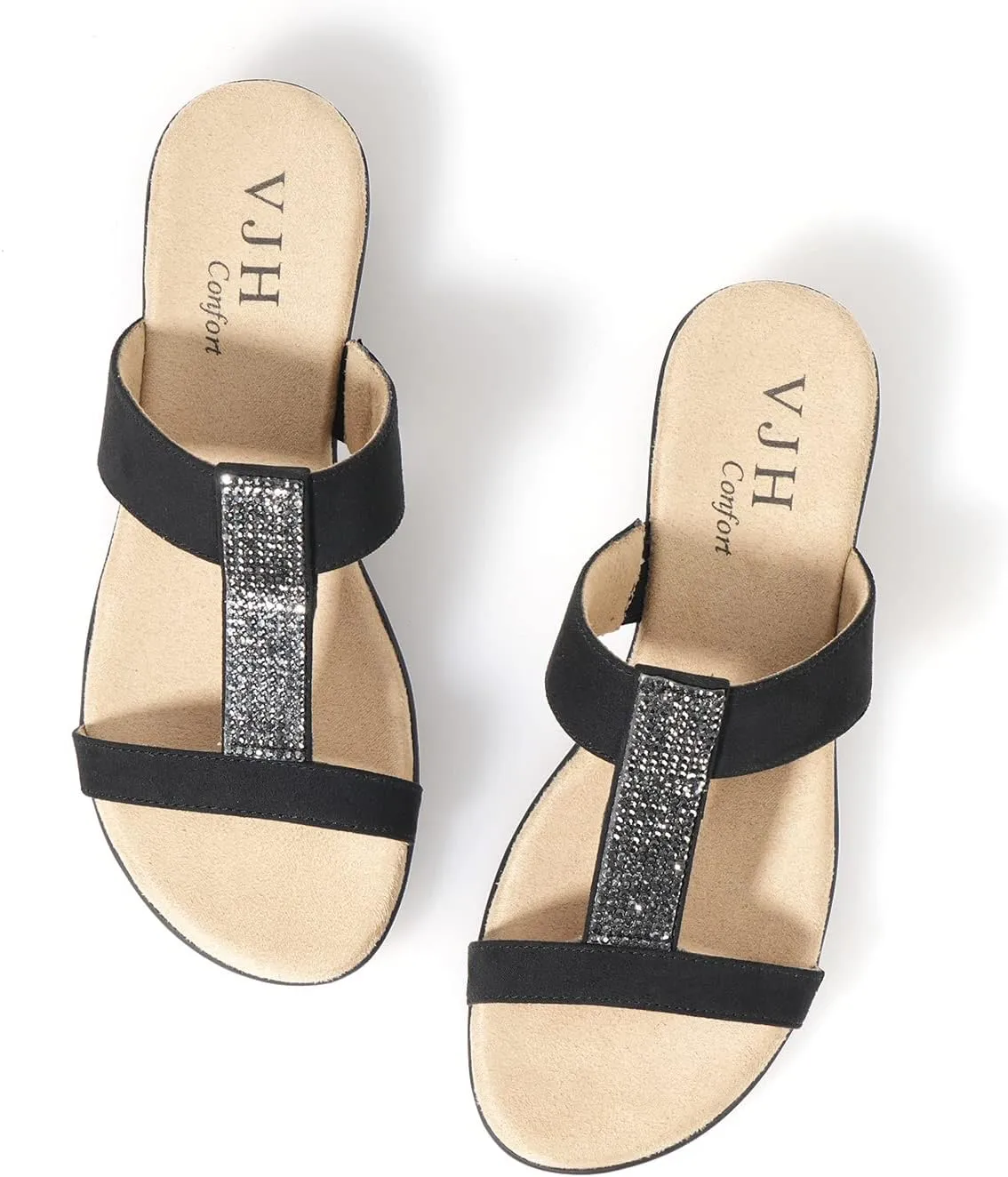 VJH confort Womens Slides, Comfortable Open toe Rhinestone H-band Dressy Flat Sandals