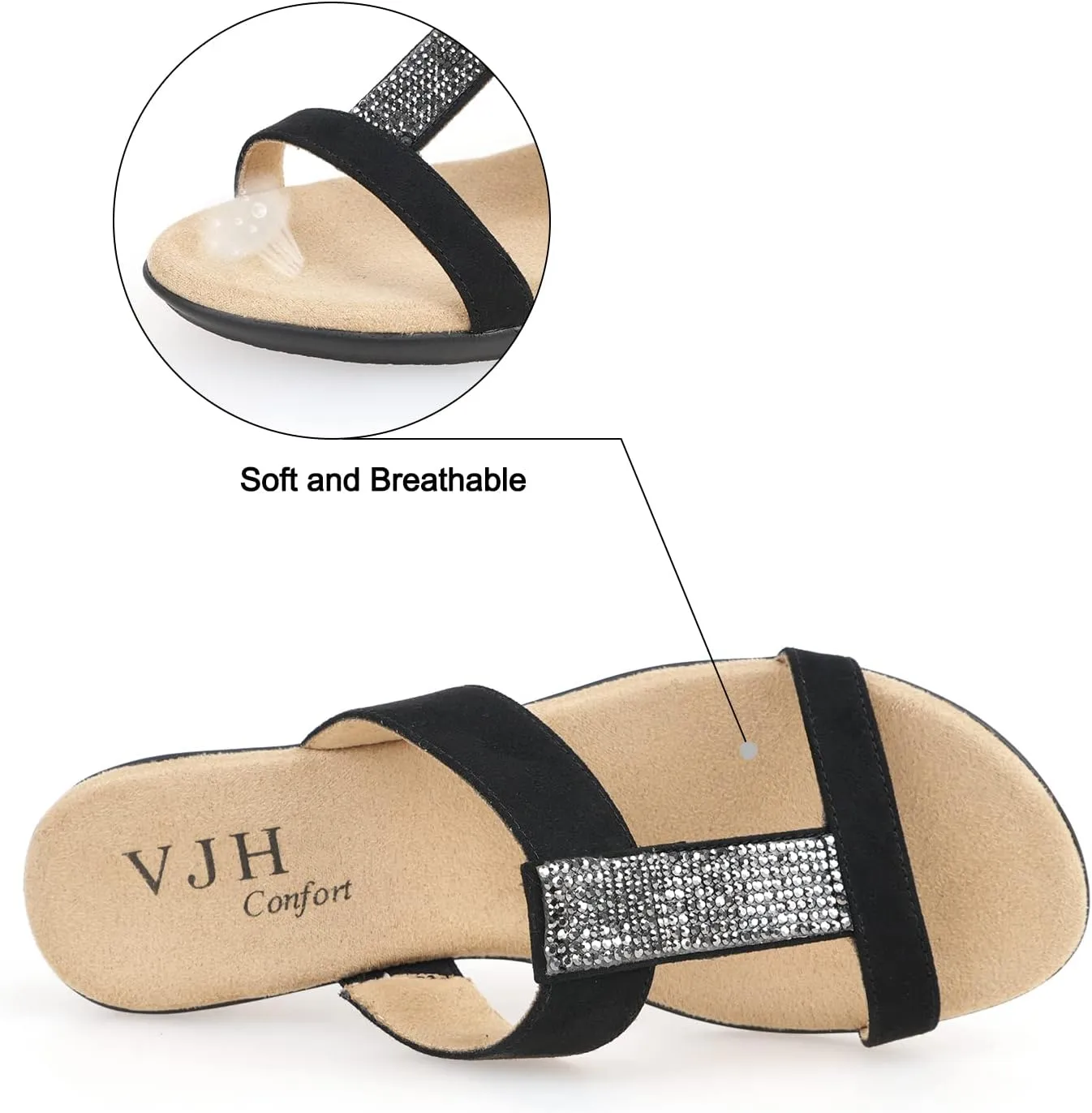 VJH confort Womens Slides, Comfortable Open toe Rhinestone H-band Dressy Flat Sandals