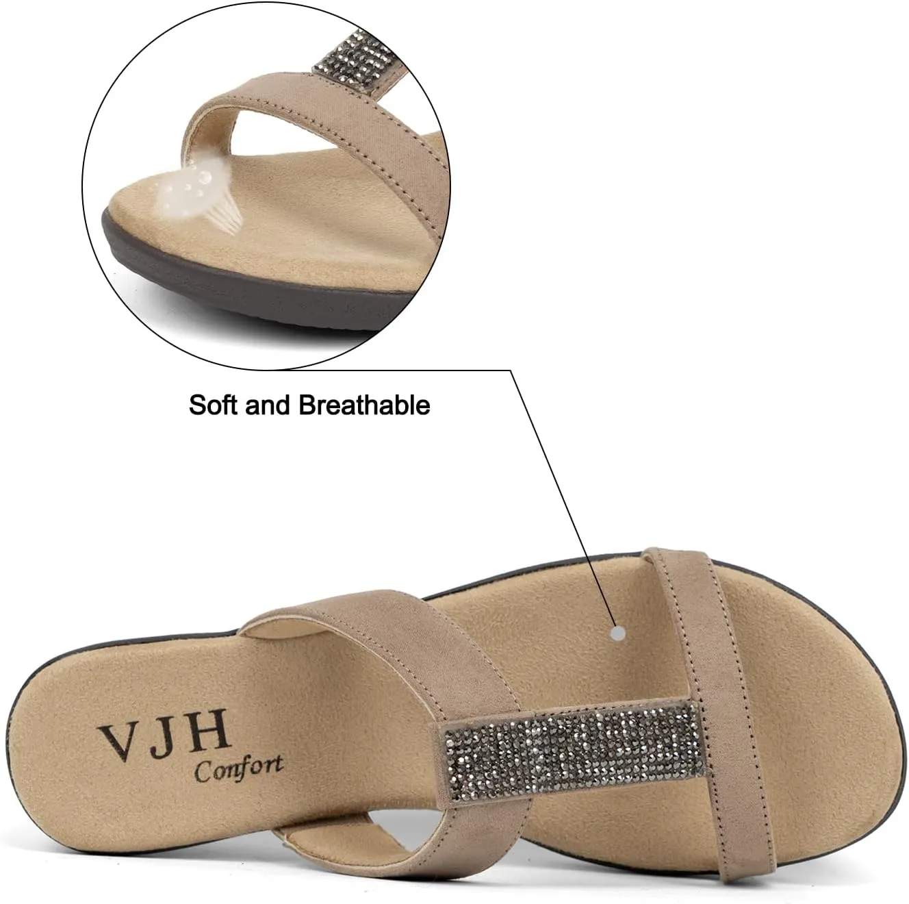 VJH confort Womens Slides, Comfortable Open toe Rhinestone H-band Dressy Flat Sandals