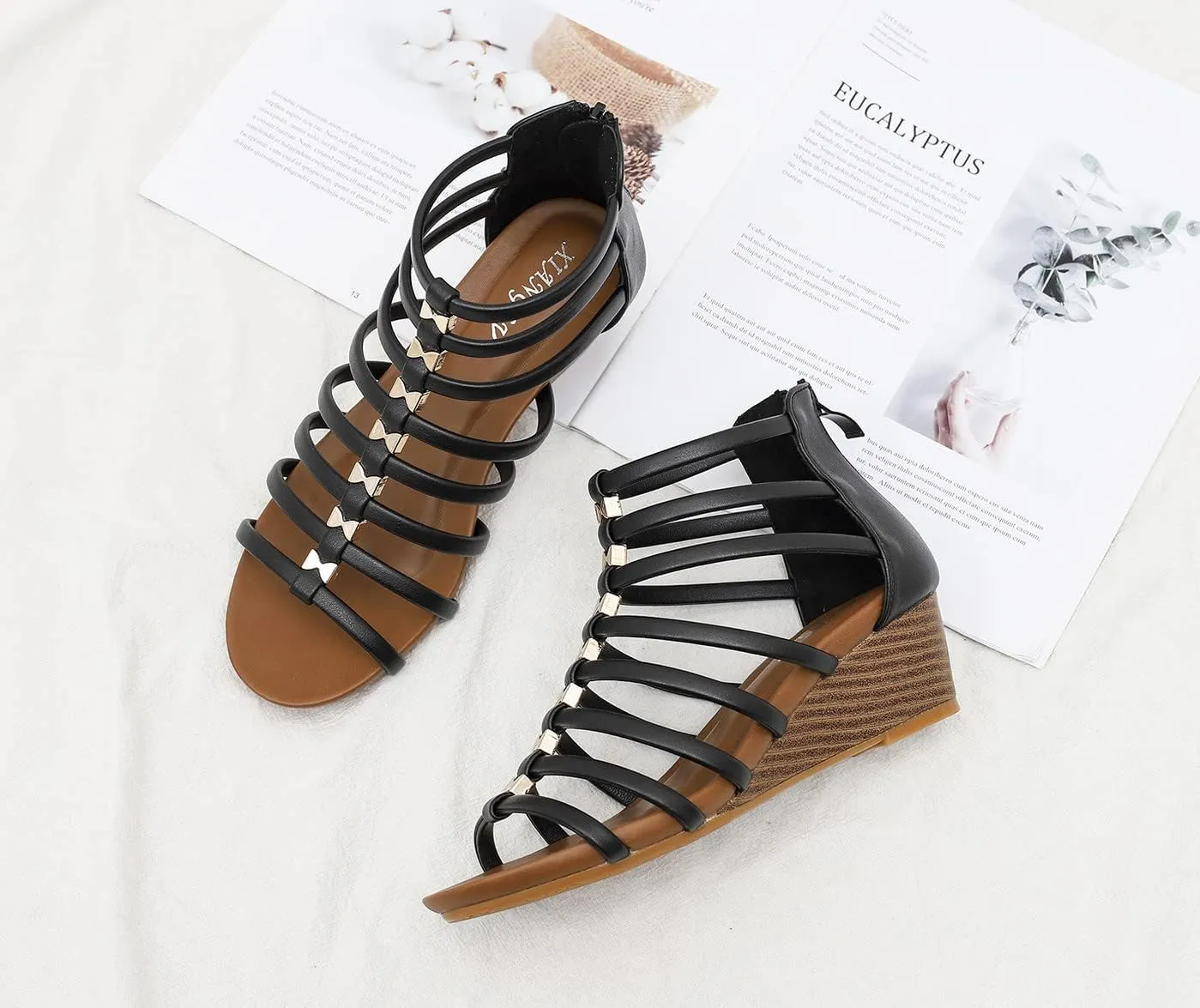 Wedge Sandals for Women Womens Summer Shoes with Zipper Strappy Heels Roman Flat Sandal for Casual Vacation Wedding