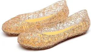 WENOREG Women's Glitter Hollowed Flat Clear Jelly Sandals,Summer Comfortable Slip On Crystal Soft Breathable Hollow Ballet Flats Loafers