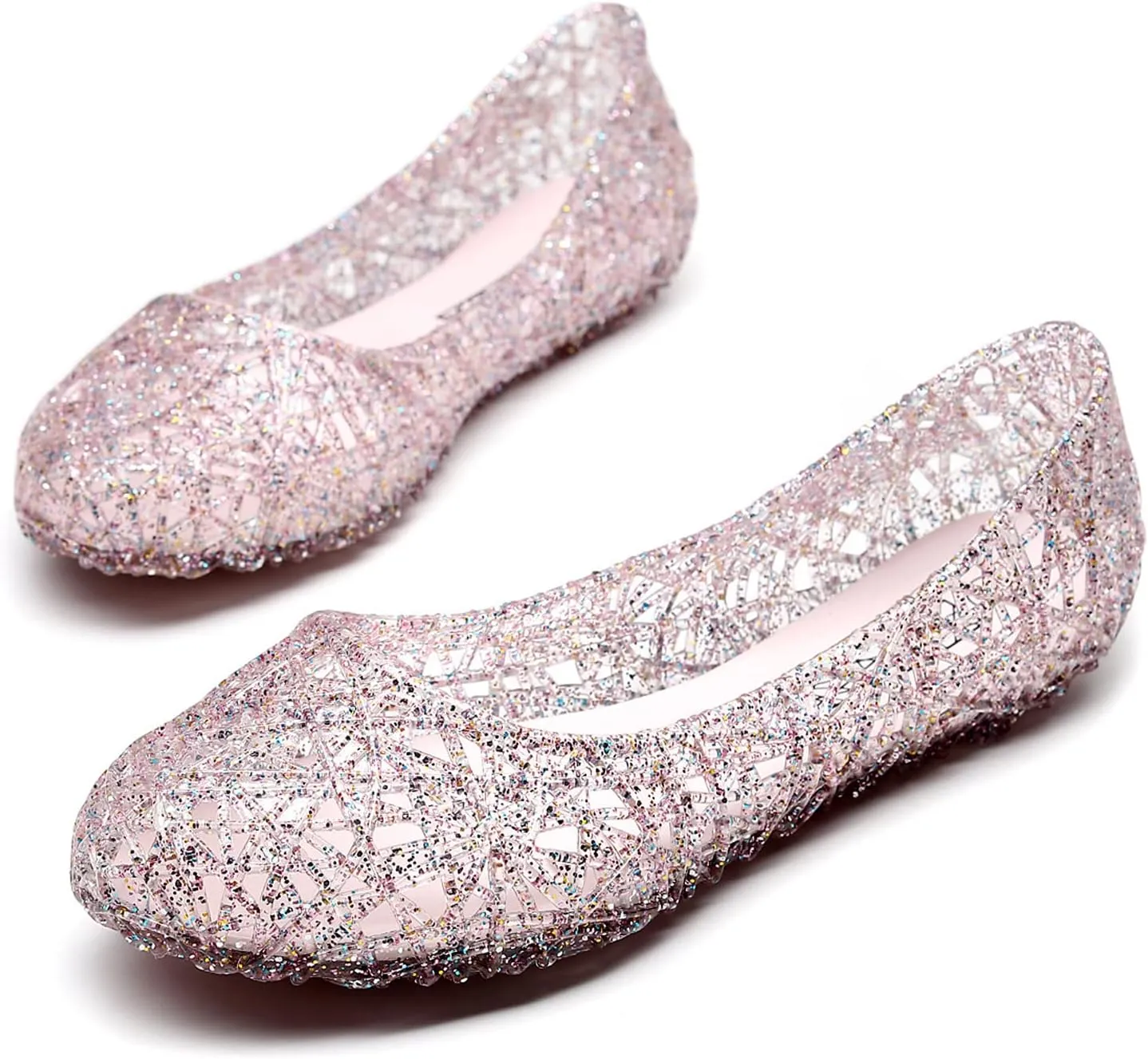 WENOREG Women's Glitter Hollowed Flat Clear Jelly Sandals,Summer Comfortable Slip On Crystal Soft Breathable Hollow Ballet Flats Loafers