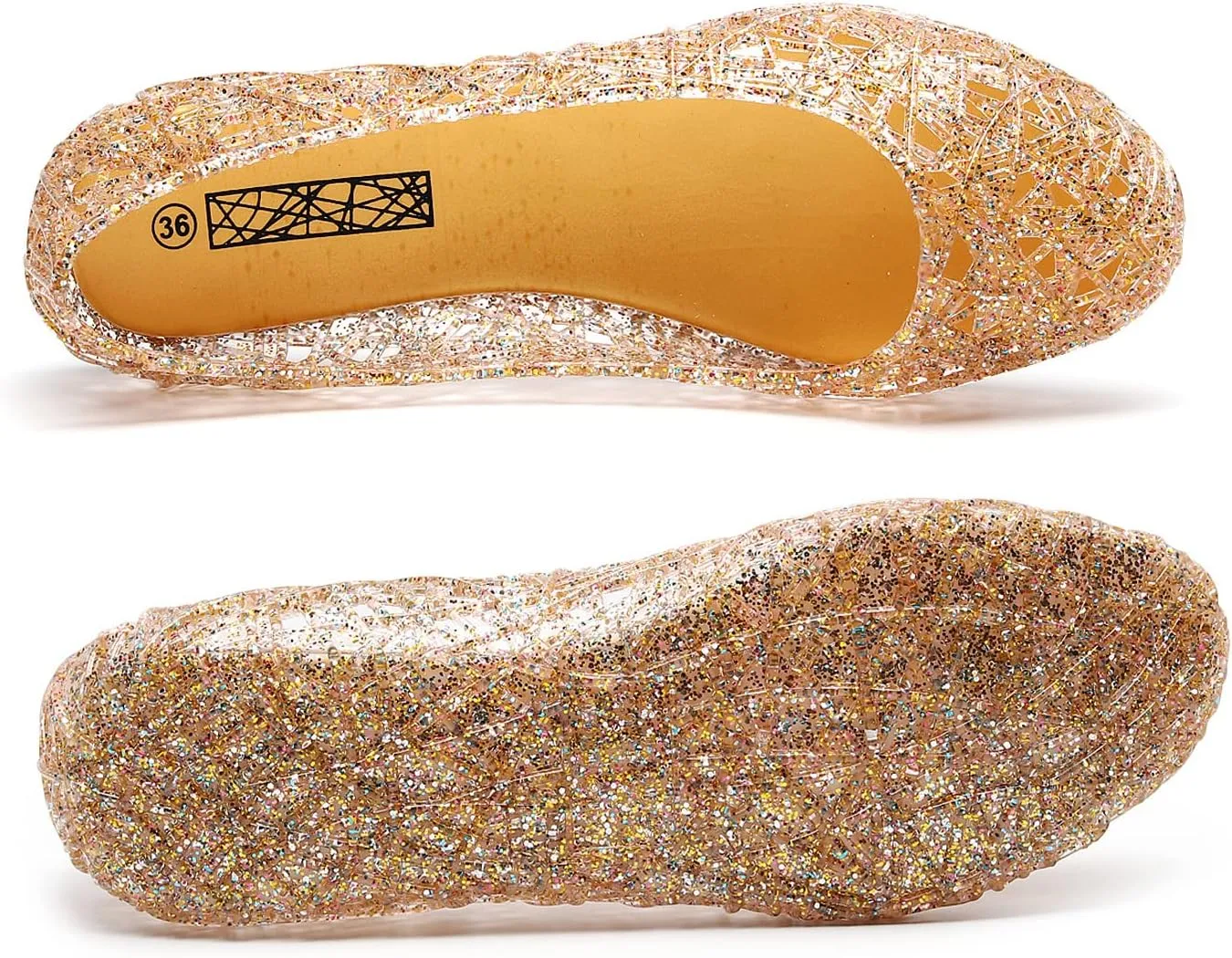 WENOREG Women's Glitter Hollowed Flat Clear Jelly Sandals,Summer Comfortable Slip On Crystal Soft Breathable Hollow Ballet Flats Loafers