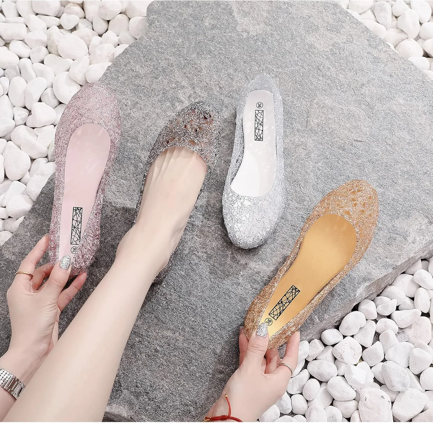 WENOREG Women's Glitter Hollowed Flat Clear Jelly Sandals,Summer Comfortable Slip On Crystal Soft Breathable Hollow Ballet Flats Loafers