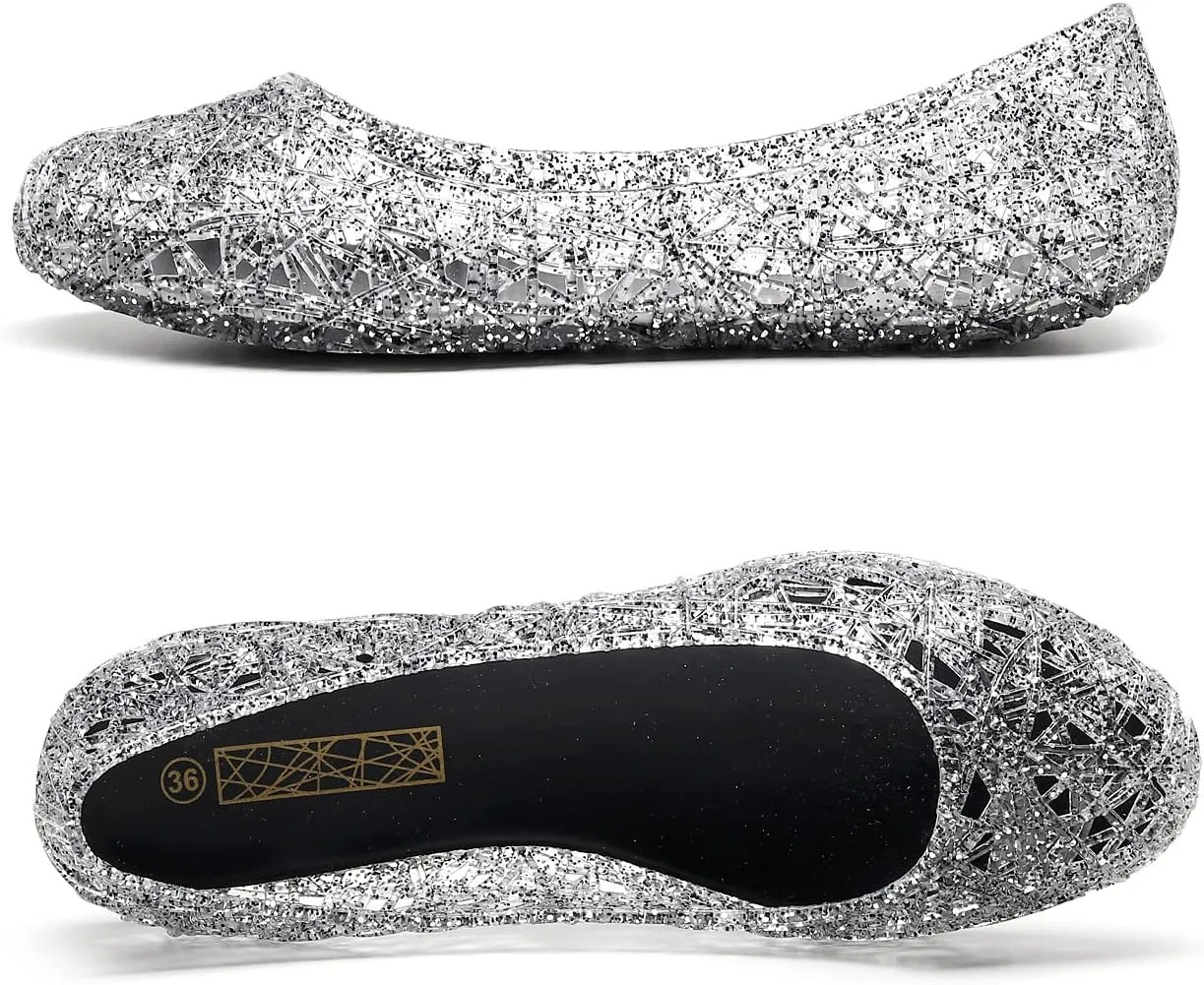 WENOREG Women's Glitter Hollowed Flat Clear Jelly Sandals,Summer Comfortable Slip On Crystal Soft Breathable Hollow Ballet Flats Loafers