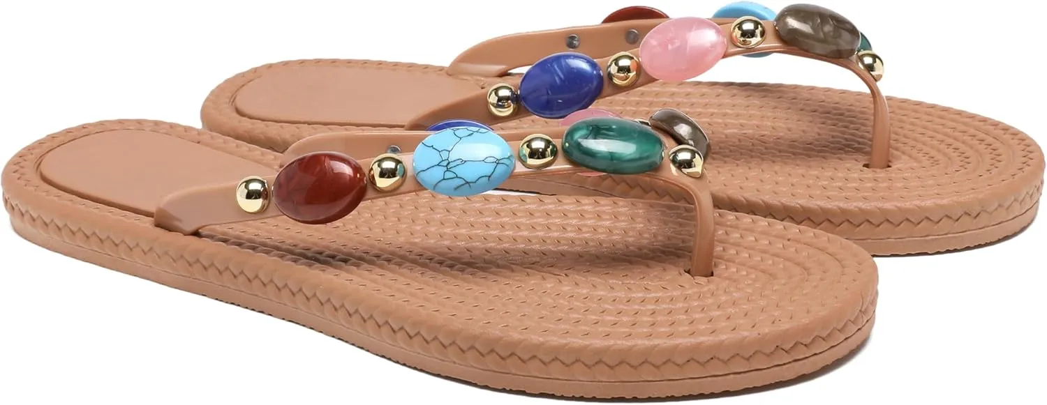 Women Jewelled Thong Strap Open Round Toe Flip Flops Comfy Slip on Flats Sandals Casual Summer Beach Slippers