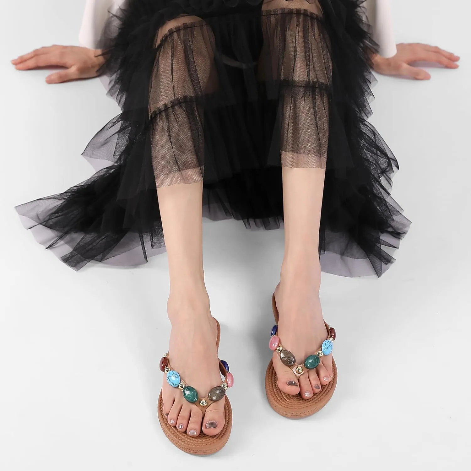 Women Jewelled Thong Strap Open Round Toe Flip Flops Comfy Slip on Flats Sandals Casual Summer Beach Slippers