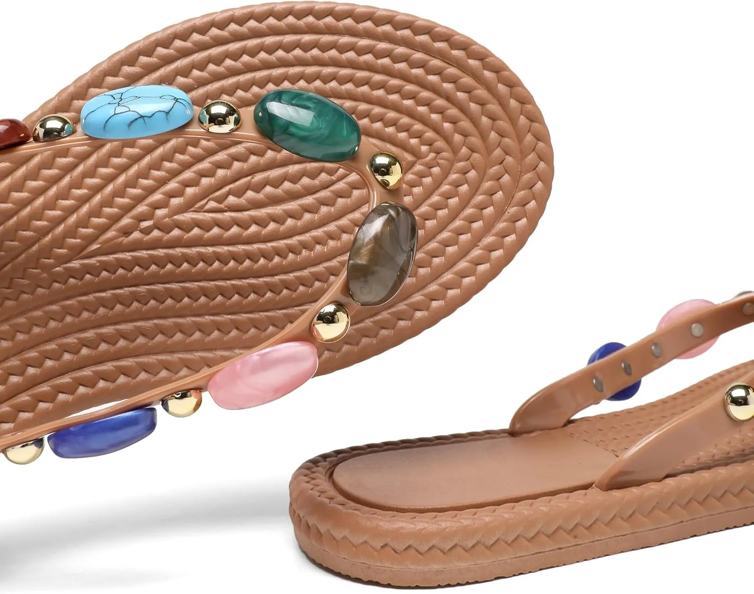 Women Jewelled Thong Strap Open Round Toe Flip Flops Comfy Slip on Flats Sandals Casual Summer Beach Slippers