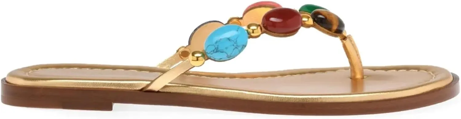 Women Jewelled Thong Strap Open Round Toe Flip Flops Comfy Slip on Flats Sandals Casual Summer Beach Slippers