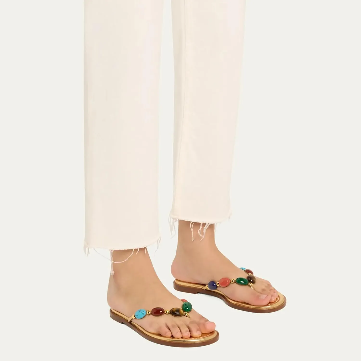 Women Jewelled Thong Strap Open Round Toe Flip Flops Comfy Slip on Flats Sandals Casual Summer Beach Slippers