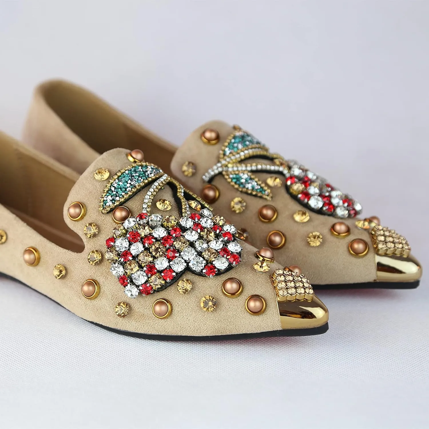 Women Rhinestone Flats Slip On Pointed Toe Sparkle Flats Faux Suede Ballet Embellished Flats