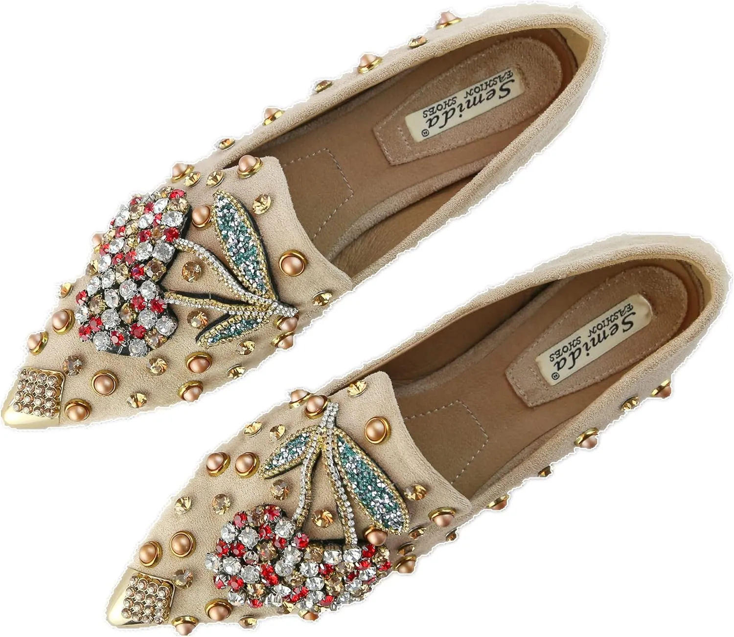 Women Rhinestone Flats Slip On Pointed Toe Sparkle Flats Faux Suede Ballet Embellished Flats