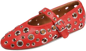 Women's Ballet Flats Metal Eyelet Perforated Studded Mary Jane Shoes with Buckle Strap