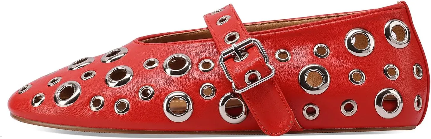 Women's Ballet Flats Metal Eyelet Perforated Studded Mary Jane Shoes with Buckle Strap